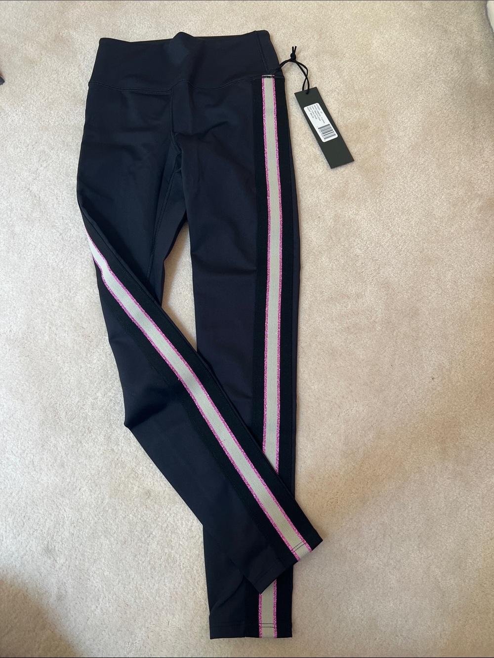 Women’s Black Leggings with Pink & Silver Side Stripe